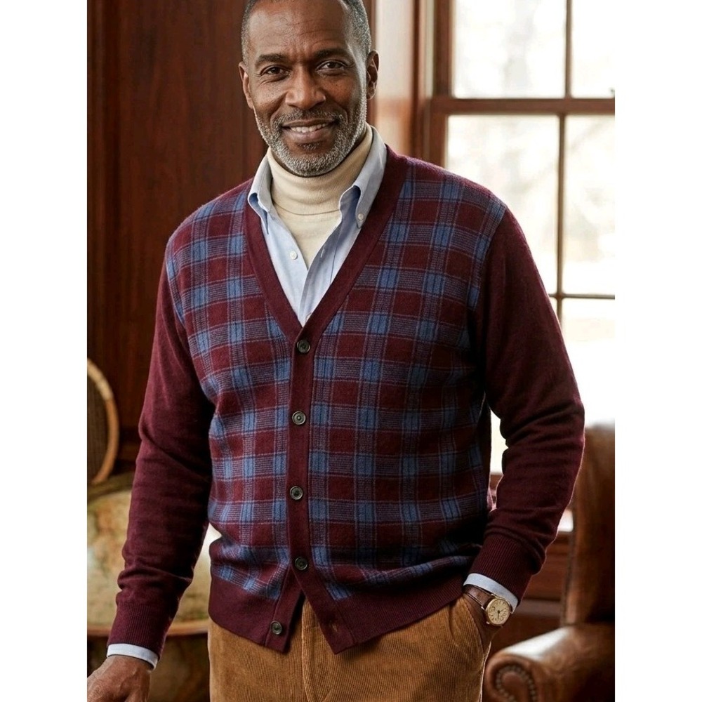 Saddlebred Men's M Burgundy Blue Cardigan Sweater  Academia Grandpa Ol Money